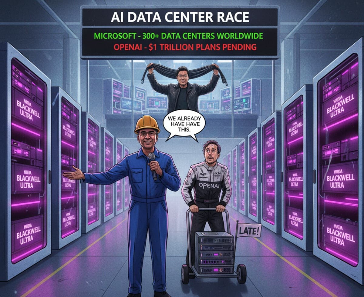 Cover Image for Microsoft демонстрирует готовую инфраструктуру для ИИ, пока OpenAI строит дата-центры